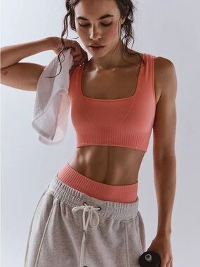 FREE PEOPLE FP Movement Square Neck Good Karma Coral Bra XS